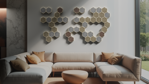 Hexagon wall panels on a scandinavian style living room