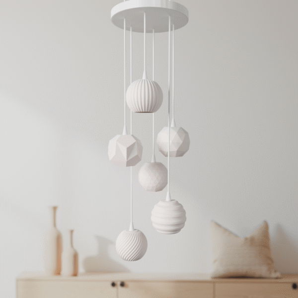 Minimalist 3D Printed Pendant Light – Scandinavian Style Hanging Lamp – Ceiling Light for 6 Bulbs – Adjustable Cable – Many colors